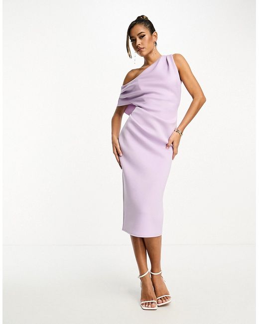 Asos Design fallen shoulder pleat back midi dress in lilac-