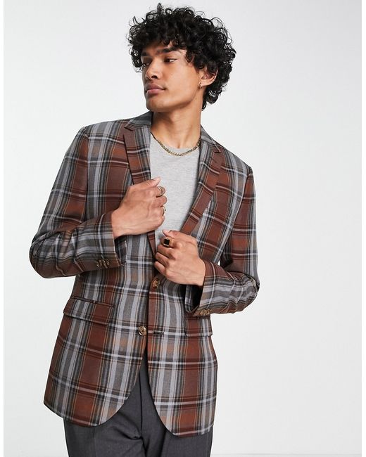 Topman skinny suit jacket in brown plaid