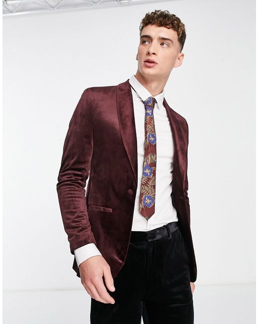 Topman skinny velvet blazer in burgundy-