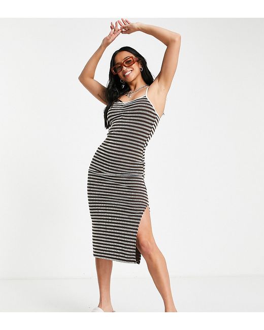 Topshop Petite textured stripe ruched bust midi dress in chocolate stripe-