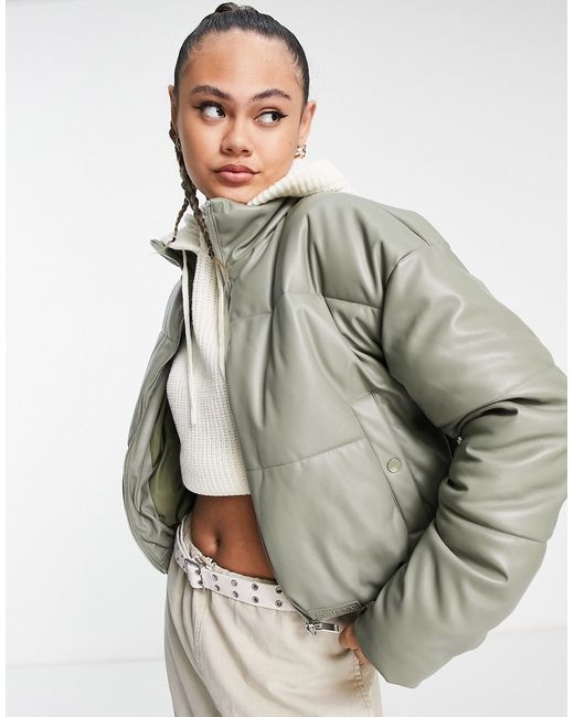 Sixth June cropped oversized puffer in faux leather washed khaki-