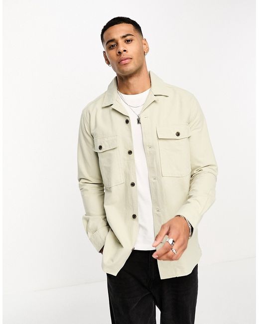 Only & Sons brushed worker overshirt in beige-