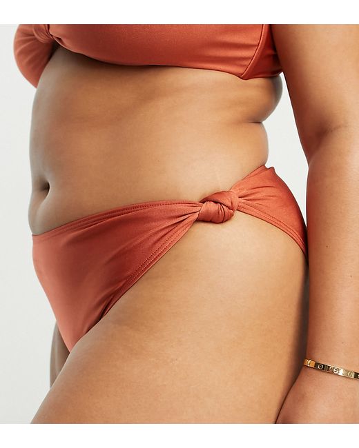 South Beach Curve Exclusive knot high waist bikini bottom in shine copper-