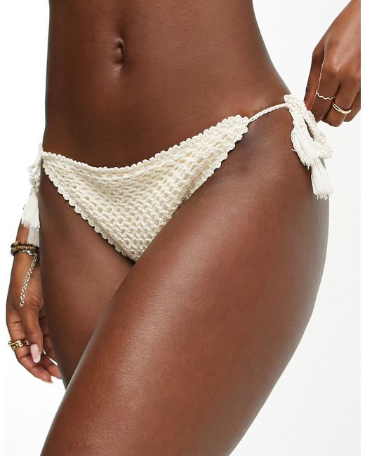 Rip Curl Oceans Together crochet tie side bikini bottom in cream-