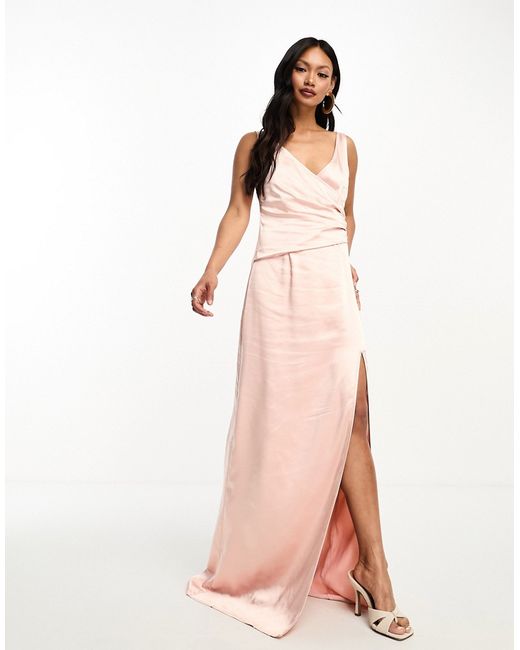 Pretty Lavish Bridesmaid Esmee wrap satin maxi dress in blush-