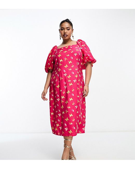 Something New Curve puff sleeve midi dress in butterfly print