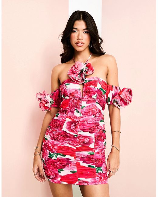 ASOS Luxe halter ruched mini dress with corset bodice corsage detail in rose print-