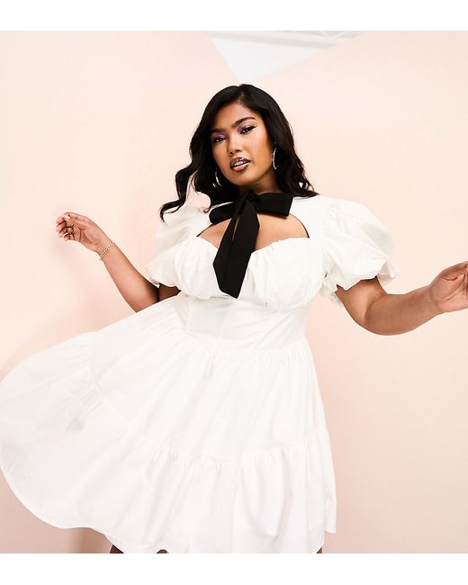 ASOS Luxe Curve corsetted poplin tiered mini dress with contrast bow and puff sleeve in