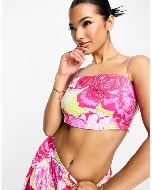 Something New cami crop top in neon rose print part of a set-