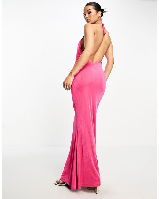 Something New low plunge back slinky maxi dress with halter neck in