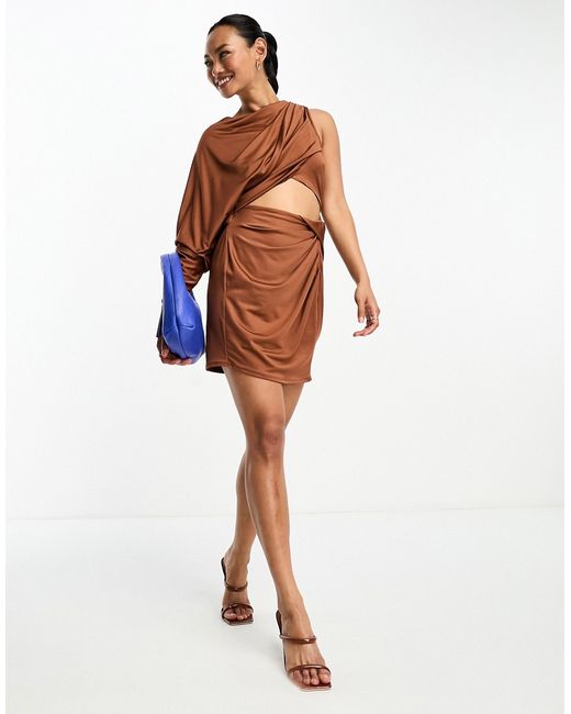 Asos Design one shoulder draped two piece slinky mini dress in chocolate
