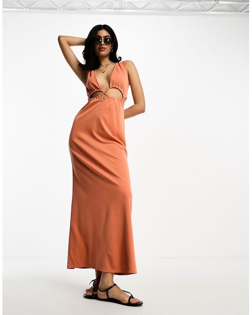 Asos Design cut-out strappy waist maxi dress in rust-
