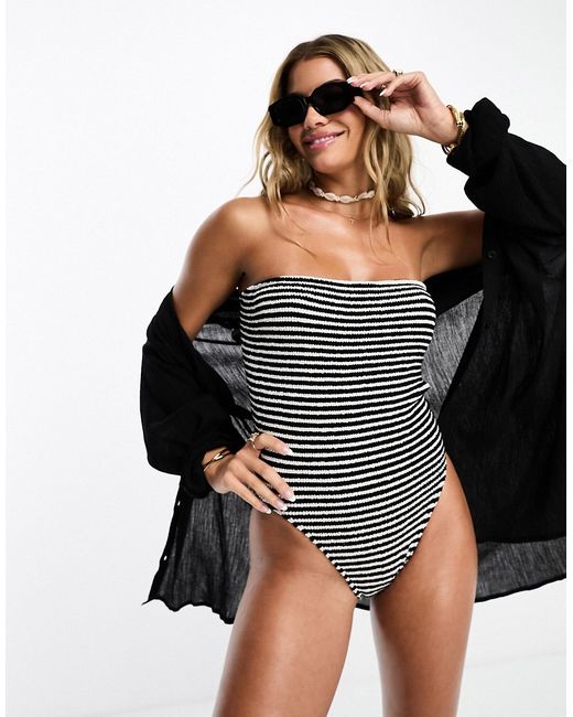 Asos Design crinkle bandeau swimsuit in mono stripe-