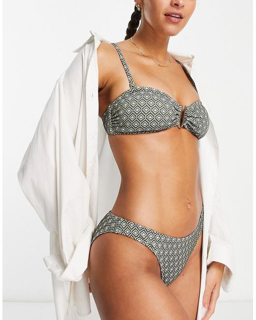 Accessorize jacquard bandeau bikini top in khaki-