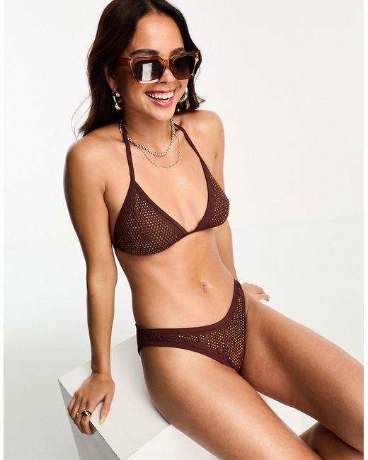 Miss Selfridge Premium rhinestone mesh tie side bikini bottoms in chocolate-