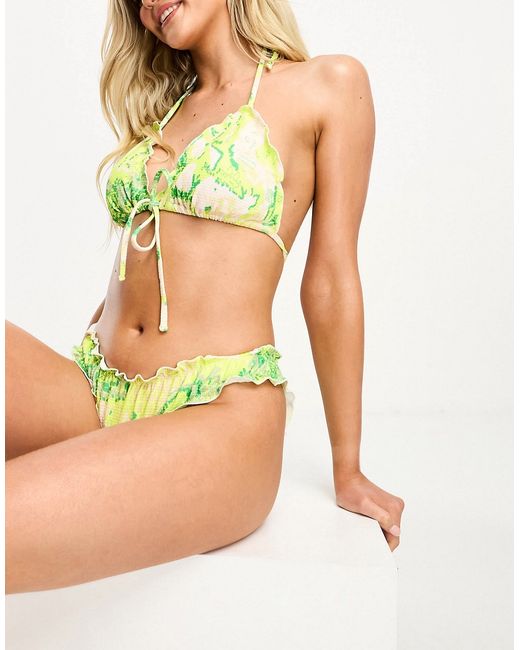 Vero Moda frill bikini top with tie front in lime snake print-