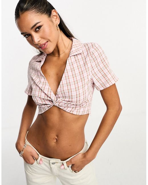 Lola May twist front collared crop top in check part of a set