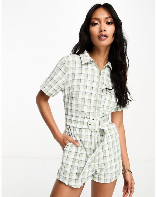 Lola May collared romper with belt in sage check-