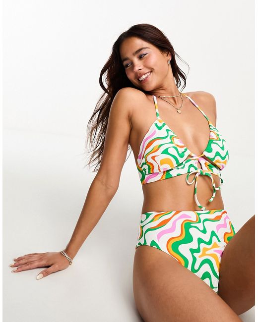 Vero Moda tie front bikini top in bright swirl print-
