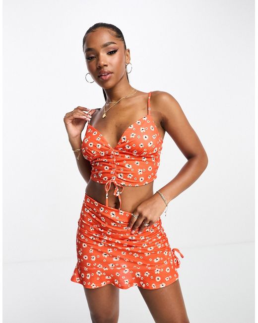Asos Design cami crop top with front ruching in orange red floral part of a set-