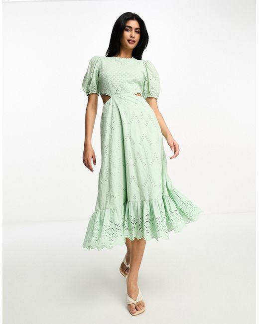 French Connection eyelet midi dress with cut out in mint-