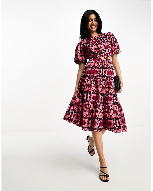 French Connection puff sleeve midi dress with ring detail cut out in pink and geo print