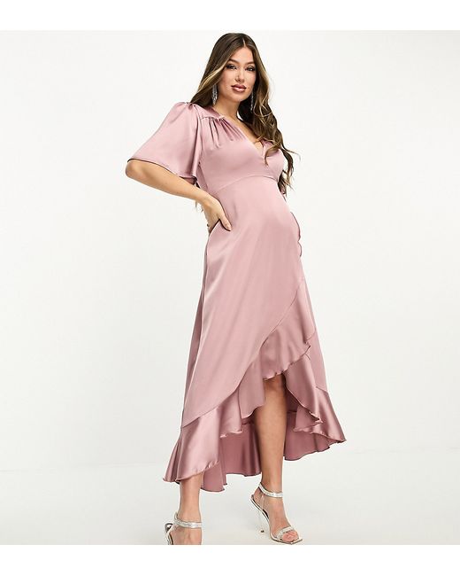 Flounce London Maternity wrap front satin midi dress with flutter sleeves in heather rose-