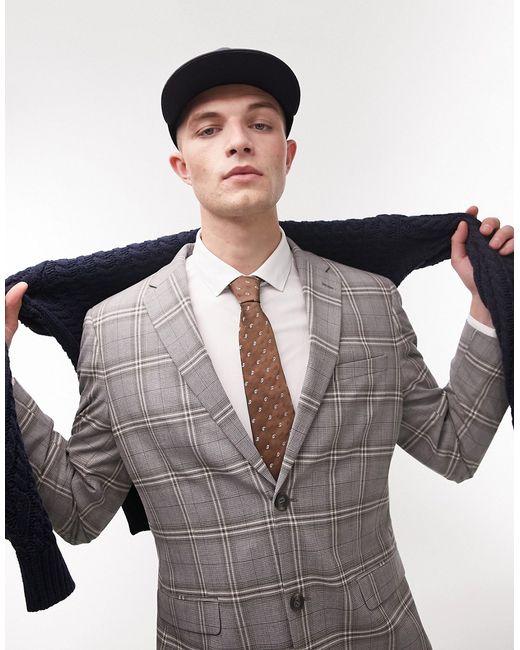 Topman slim two button check suit jacket in