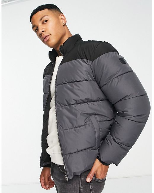 Only & Sons heavyweight puffer jacket in and gray block
