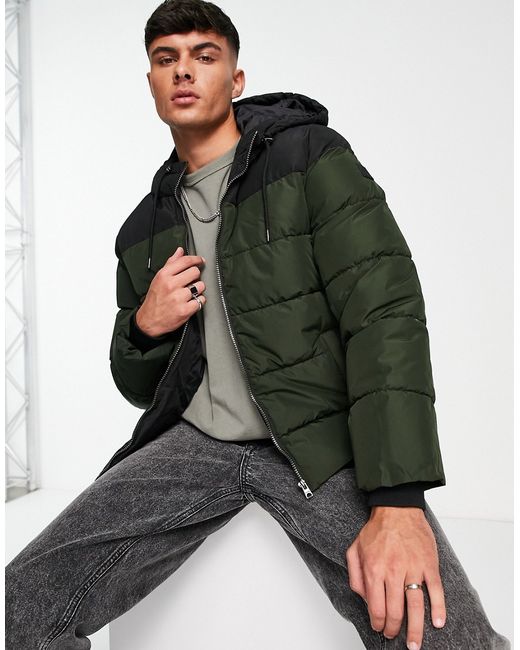 Only & Sons heavy weight hooded puffer jacket in black and khaki-