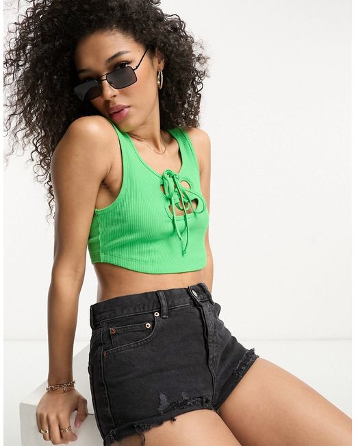 Asos Design lace up front crop top in rib