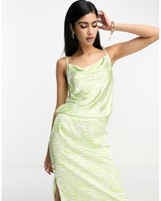 In The Style satin cowl neck cami top in lime swirl print-