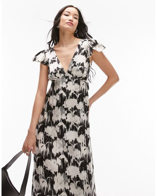 TopShop v neck printed midi dress in mono blurred floral-