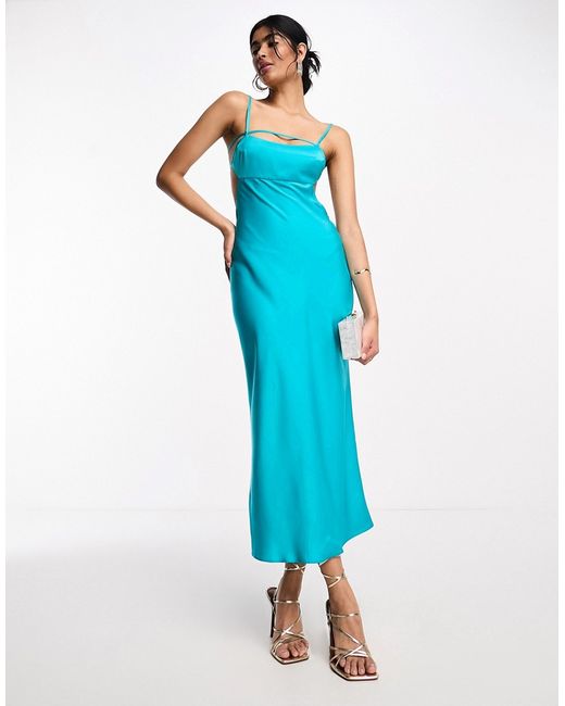 Asos Design satin elasticated strappy midi dress with open back in turquoise-