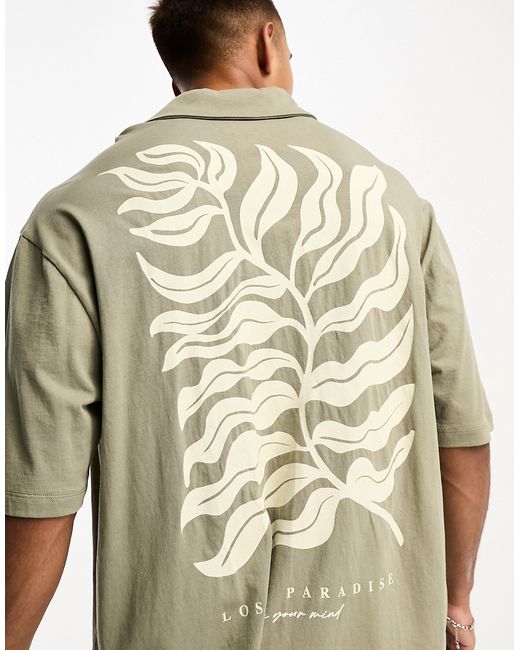 Selected Homme revere collar oversized shirt with back print in khaki-