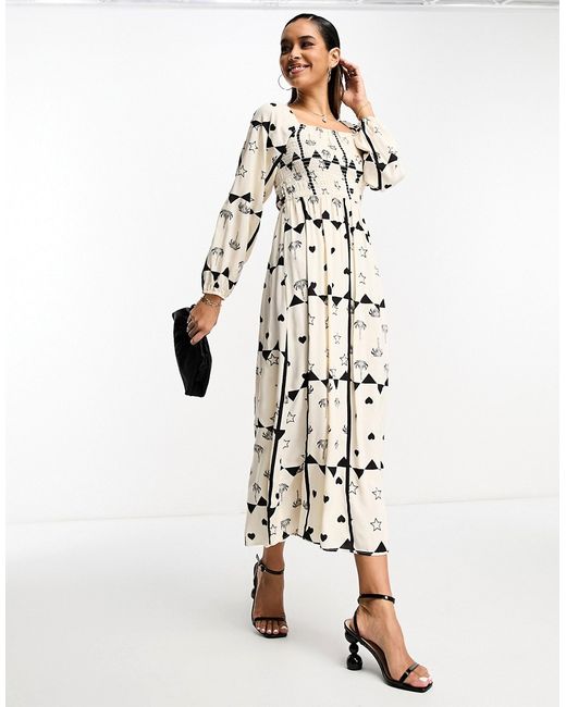 Never Fully Dressed shirred midaxi dress in monochrome heart print-