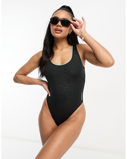 Speedo high leg embossed print swimsuit in metallic