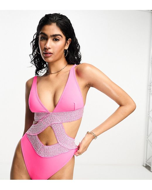 River Island elastic wrap detail plunge swimsuit in bright