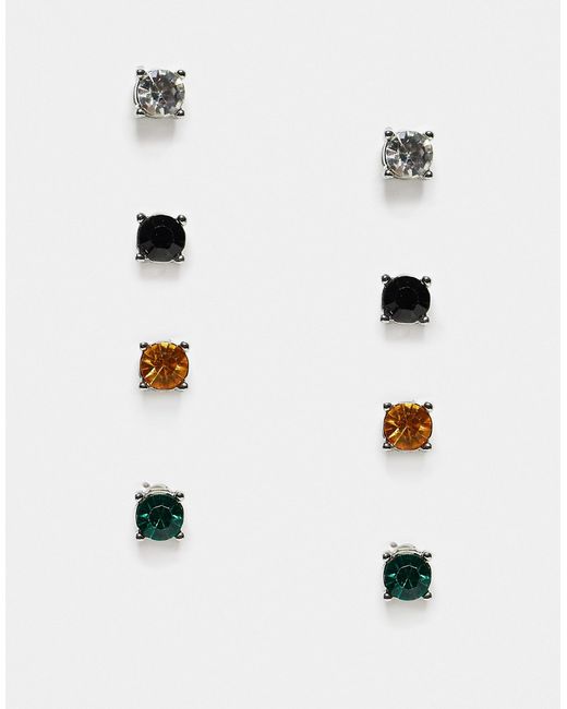 Asos Design 4 pack crystal stud earrings set in silver and black with topaz green crystals-