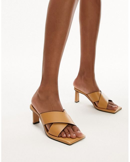 TopShop Cali premium leather square toe heeled mules in camel-