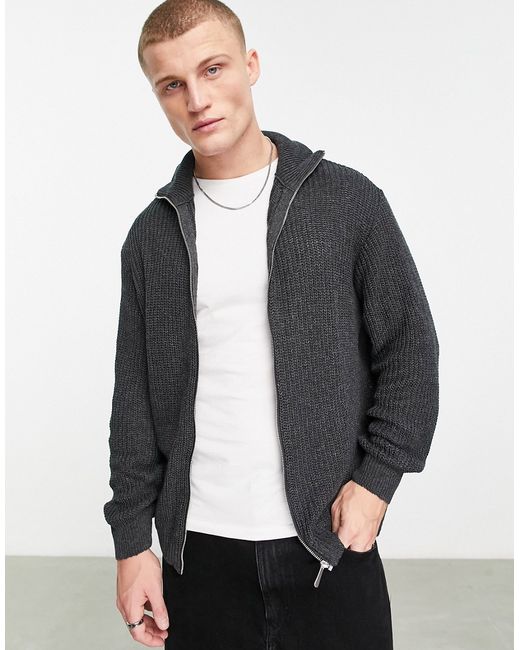 Asos Design knitted oversized fisherman rib zip through sweater in charcoal-