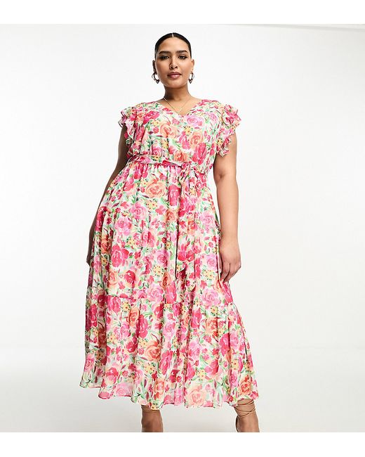 Ever New Curve ruffle shoulder midi dress in floral