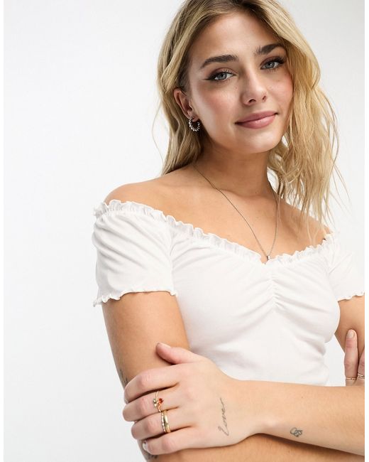 Monki gather detail off the shoulder top in