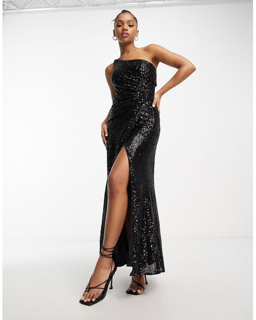 Ever New one shoulder cut-out sequin midi dress in black-