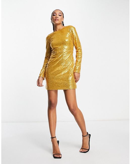 NaaNaa sequin mini dress with draped back in gold-