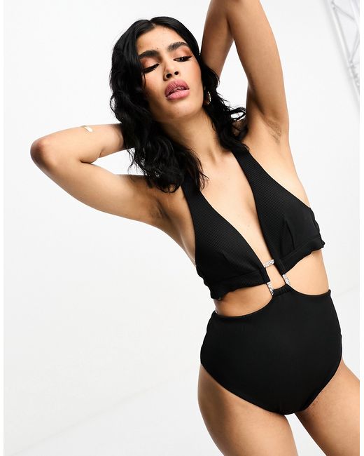Hunkemoller nero ribbed cut out swimsuit in