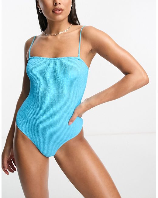 Monki ribbed bandaue swimsuit with removeable straps in