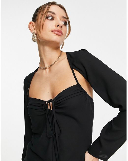 Asos Design long sleeve sheer blouse with ruched keyhole detail in