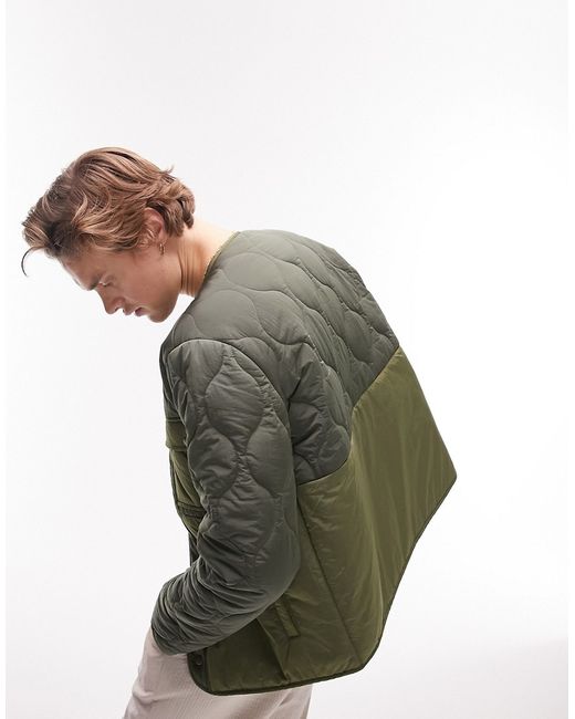 Topman liner jacket with mixed fabric in khaki-