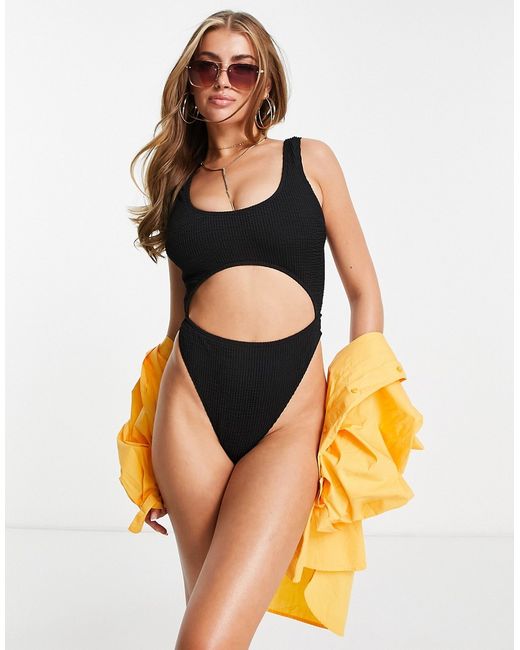 Wolf & Whistle Fuller Bust Exclusive cut out textured swimsuit with tie detail in